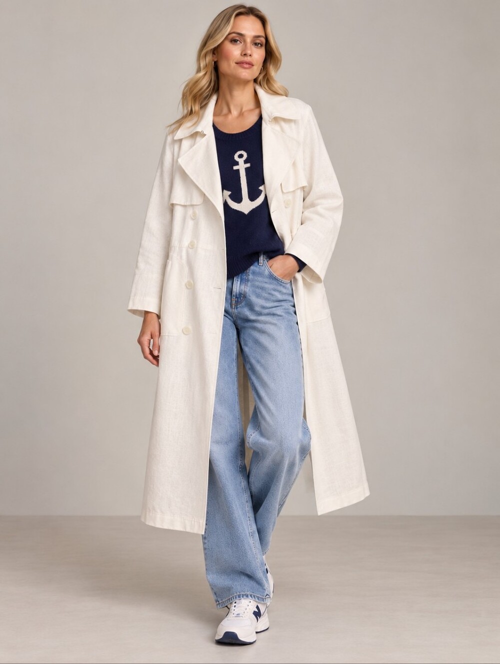 BANANA REPUBLIC FACTORY LINEN BLEND LONG DOUBLE BREASTED TRENCH COAT ICED VANILL